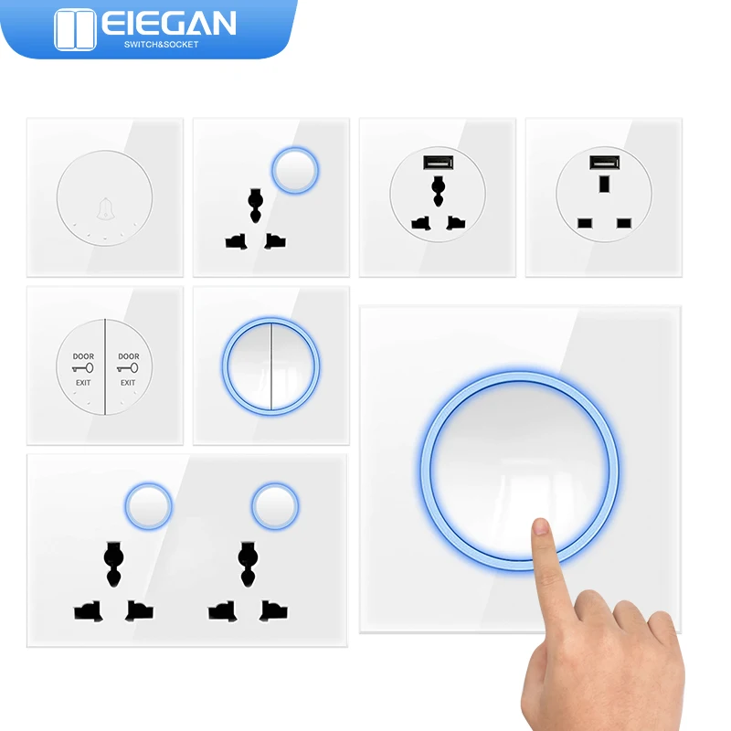 

ELEGAN 1/2Gang wall switch with USB tempered glass panel circular LED indicator light power socket light switch AC110-250V 86*86