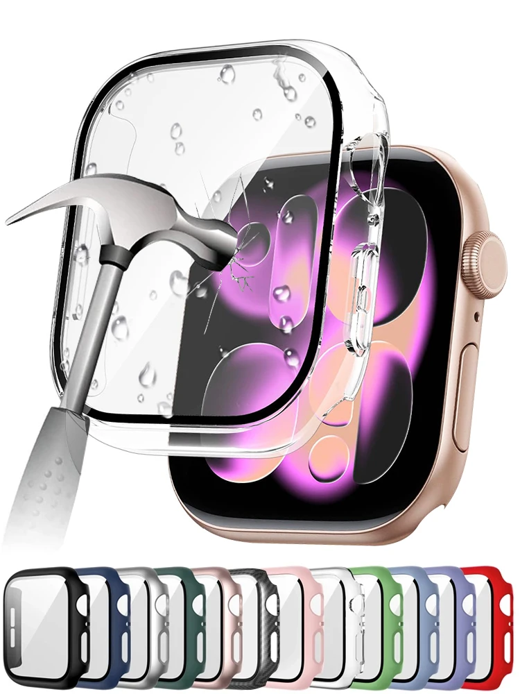 Gehärtetes Glas + Abdeckung für Apple Watch-Zubehör 46 mm 45 mm 41 mm 44 42 mm Displayschutzfolie iwatch-Gehäuse Serie 11 10 9 4 5 6 SE 7 8
