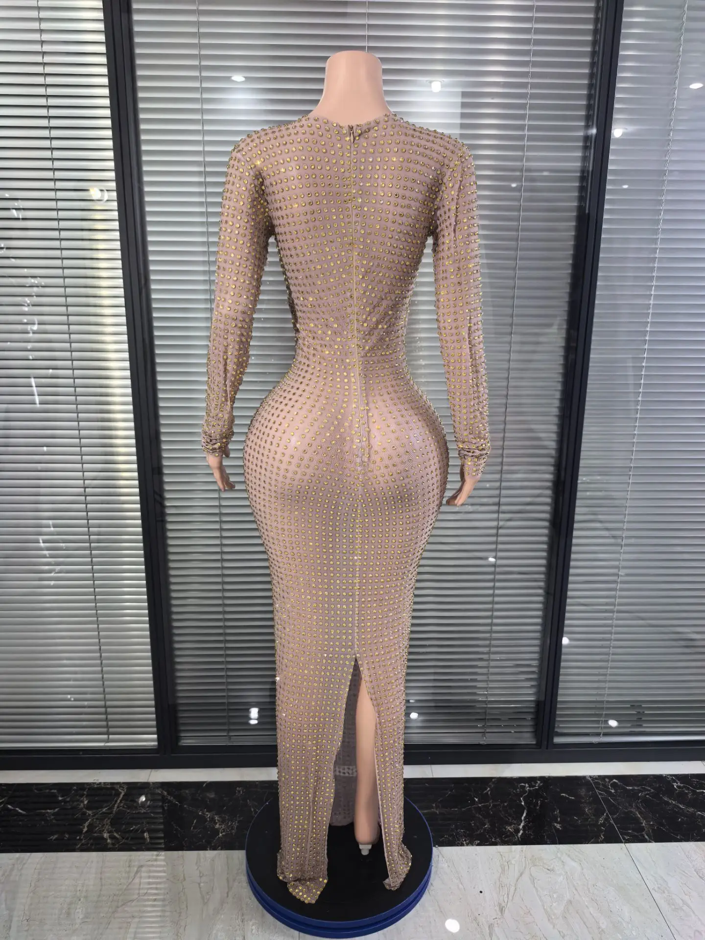ساطع الراين شبكة انظر من خلال Bodycon فستان طويل المرأة طويلة الأكمام مثير حفلة عيد ميلاد احتفال فستان كوكتيل Vestidos