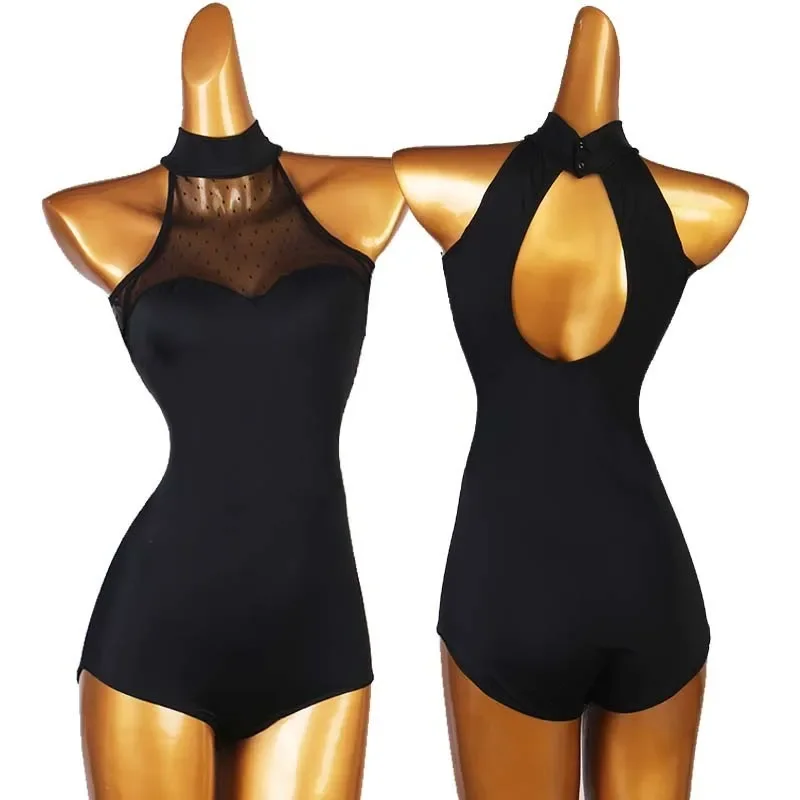 

Women Halter Mesh Dot Splice Dance Bodysuit Back Cutout Latin Dance Competition Top Professional Ballroom Dance Leotard