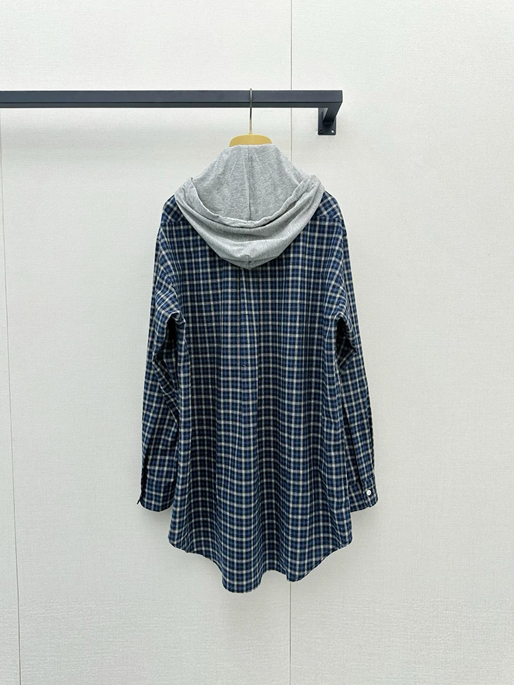 Spring Autumn Fashion Daily Casual Vintage Plaid Cotton Long Style Shirt Women's Detachable Hooded Long Sleeve Loose Coat