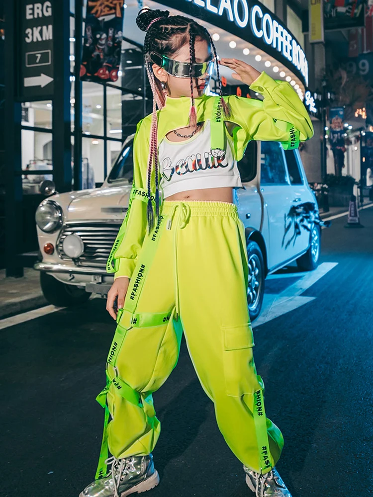 Hip Hop Costumes Girls Fluorescent Green Tops Pants Street Dance Outfit Modern Jazz Performance Dance Wear Rave Clothes BL7110