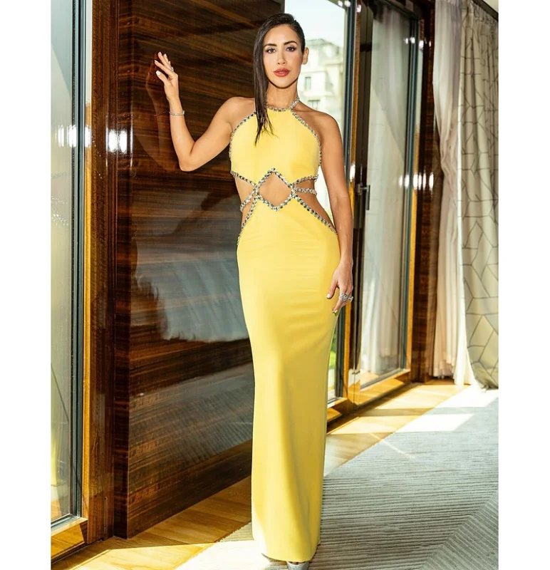 STOCK New Arrival Lemon Yellow Sexy Hollow Out Sparkling Diamonds Ankle Length Bandage Dress Elegant Woman Evening Party Outfit