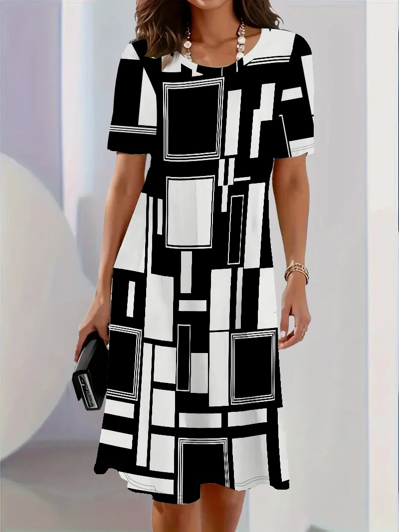 Retro Women's Dress Summer Short Sleeve Round Neck Casual Mini Dress 3D Plaid Print Fashion Street Dress Vestidos
