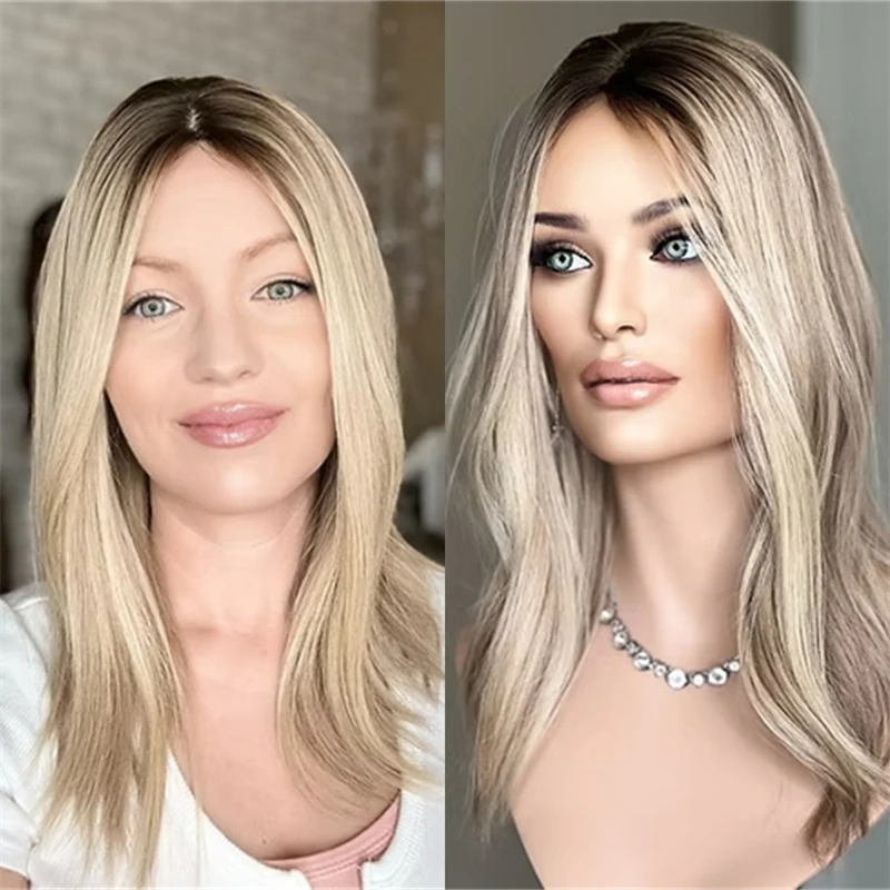 

Ombre Ash Blonde Synthetic HD Lace Front Wig Preplucked Hairline With Baby Hair Highlight Glueless Wig 16 Inch Straight Hair Wig