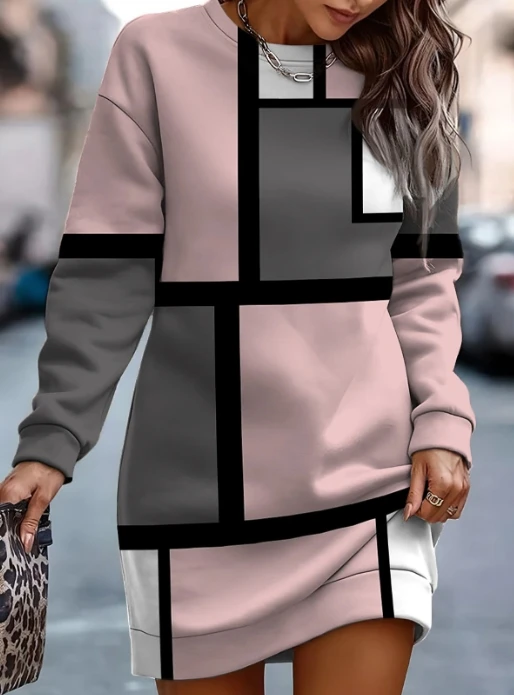 Falda corta de manga larga para mujer, vestido de Sudadera con cuello redondo y estampado de Color de contraste, ropa de otoño, gran oferta, 2023