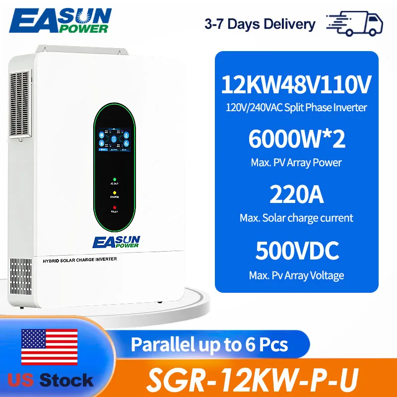 EASUN US 12KW 12000W Split Phase Solar Inverter 160A 500VDC PV Input 110VAC 48VDC Two MPPT Hybrid Solar Inverter Pure Sine Wave Dual Output With WIFI 120V 220V Parallel Solar Charging Control Paralleled
