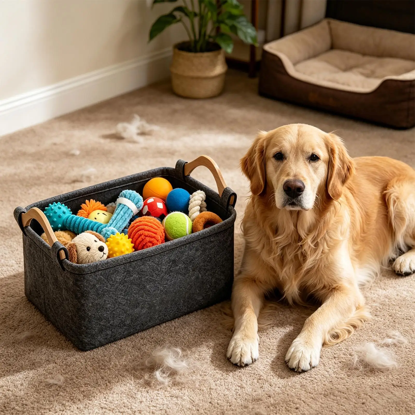 Dog Toy Basket Cute Pattern Felt Foldable Bin with Wooden Handle Pet Toy Basket for Kids Blankets Collars Leashes Indoor Outdoor