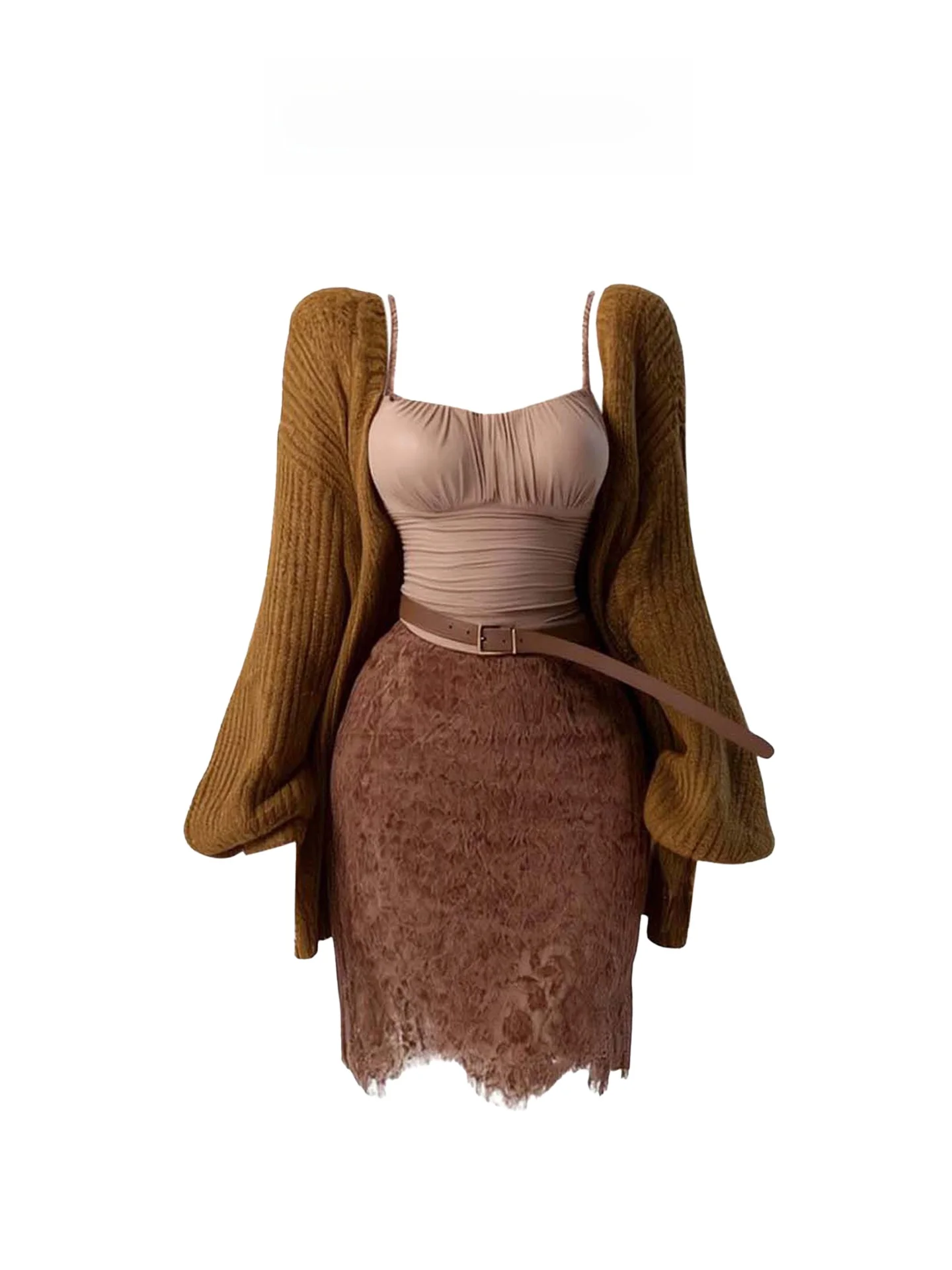 

HEZA большие размеры, свободная верхняя одежда, кружевная облегающая юбка, комплект женской Ele, осенняя мода, одежда больших размеров, полное покрытие, ремень