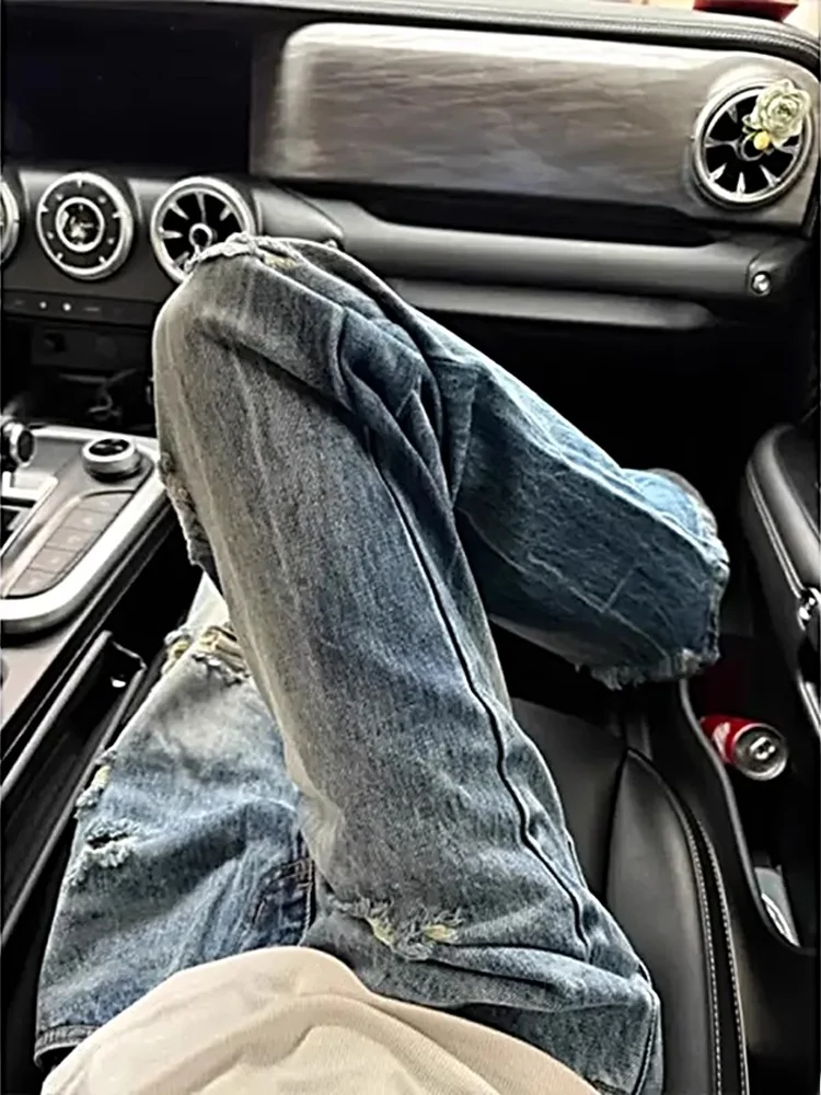 Calça jeans retrô azul desbotada masculina, calça reta de perna reta com micro alargamento e padrão de relâmpago