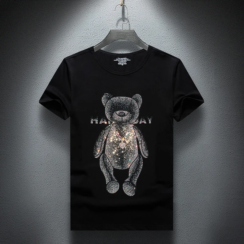 

Plus Size 2023 Rhinestones Bear Mens T Shirts Fashion Streetwear O Neck Short Sleeve Thin Modal Cotton Casual T-shirt for Men