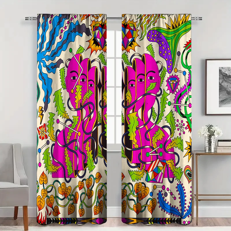 2pcs Whimsical Abstract Curtains with Rod Pocket, Pink Blossom & Black Vine Print Sheer , Artistic Statement for Modern Room