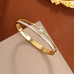 Fashion Stainless Steel Bracelets for Women Girls Simple Round Zircon 18K Gold Plated Slim Bangles Jewelry Wedding Party Gifts