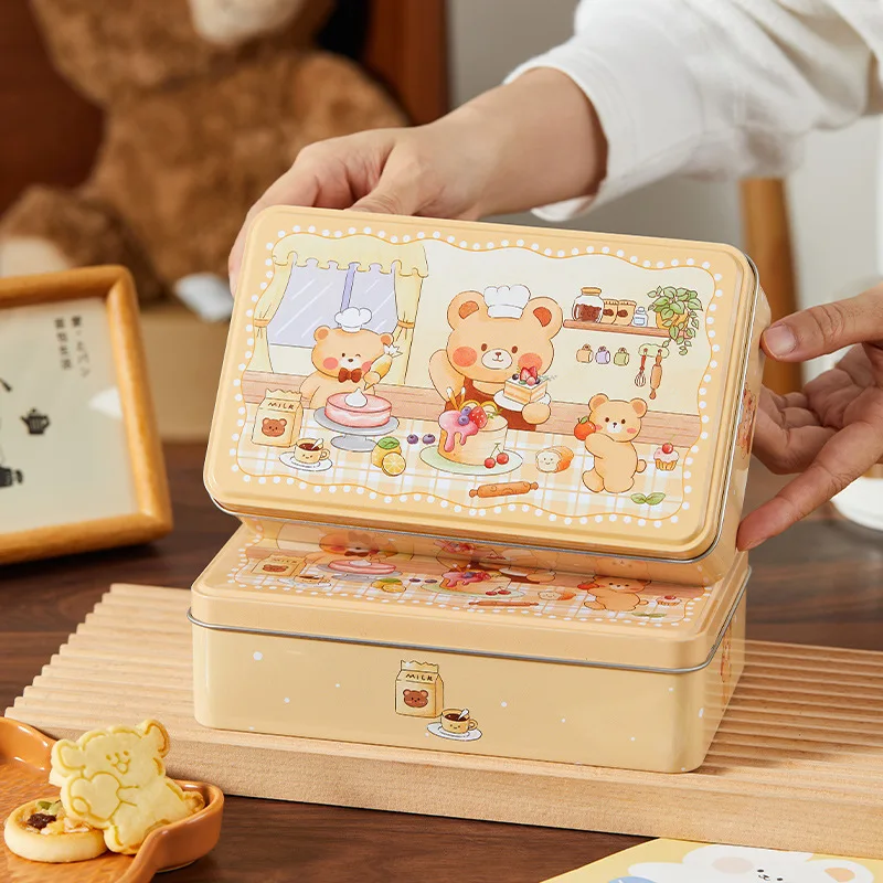 Cute Bear Cookies Storage Tin Box Large Empty Rectangular Metal Candy Desserts Packaging Box Home Coffee Sugar Sealed Container