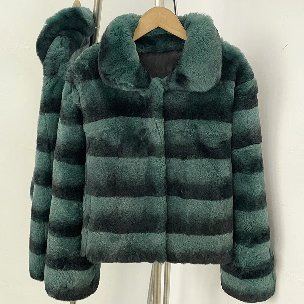 OFTBUY Neue Retro-Luxus-Winterkleidung Oberbekleidung Damen Kurze Echte Kaninchenfell-Jacke Kaltwetter-Mode Gestreifter Pelzmantel Damen – Detail 6