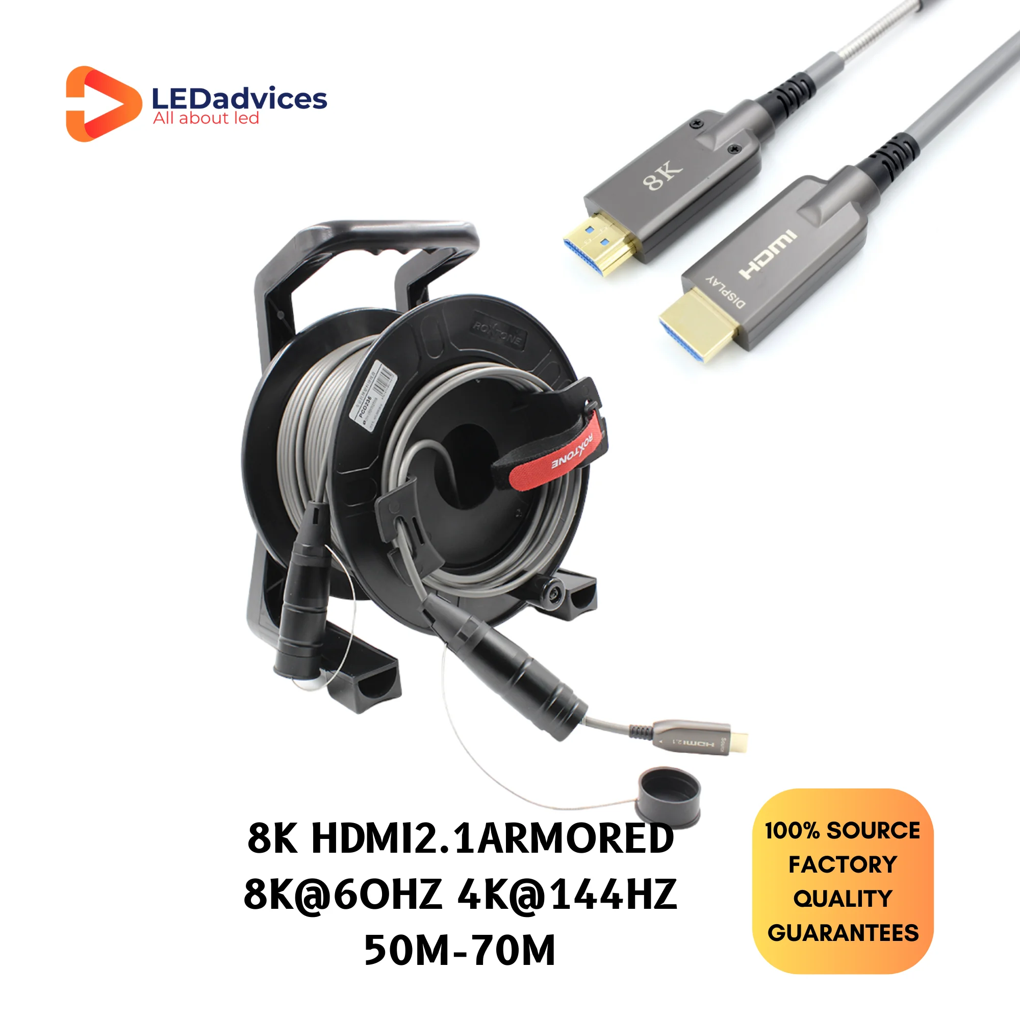 Cable AOC HDMI2.1 de fibra óptica blindada de 50M 48Gbps 8K HDMI HDR 10 Gigabit para pantalla LED de eventos con carrete y tapa Roxtone