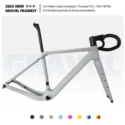 2023 NEW GT30 Carbon Gravel Frame Disc Brake 700C*50C Threaded T47 Full Hidden Cable Gravel Bicycle 16° Flare Handlbar