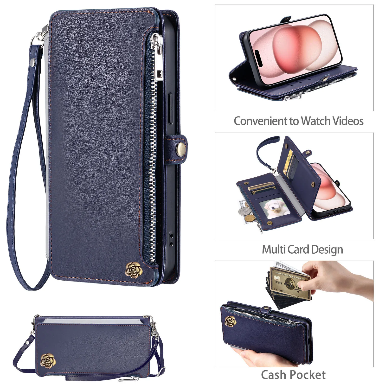 Casing Dompet Ritsleting Selempang untuk Motorola Moto G86 G56 G85 G55 G35 G15 G05 G84 G54 G34 G24 G14 Sampul 3 Kartu Kulit Camellia