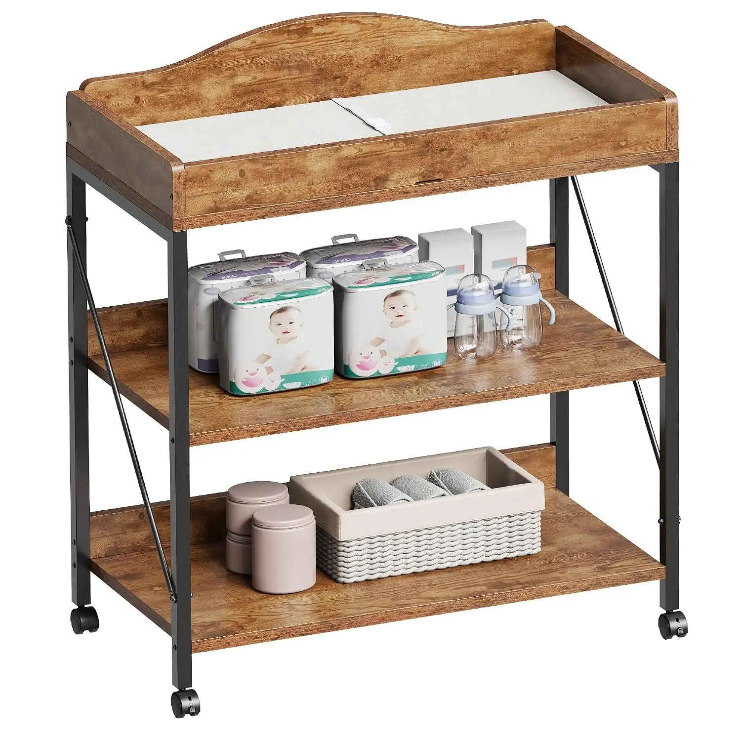 Yetom Baby Changing Table, Diaper Changing Station with Pad and Wheels, Two-Tier Open Storage Shelves, Waterproof Diaper pad & S
