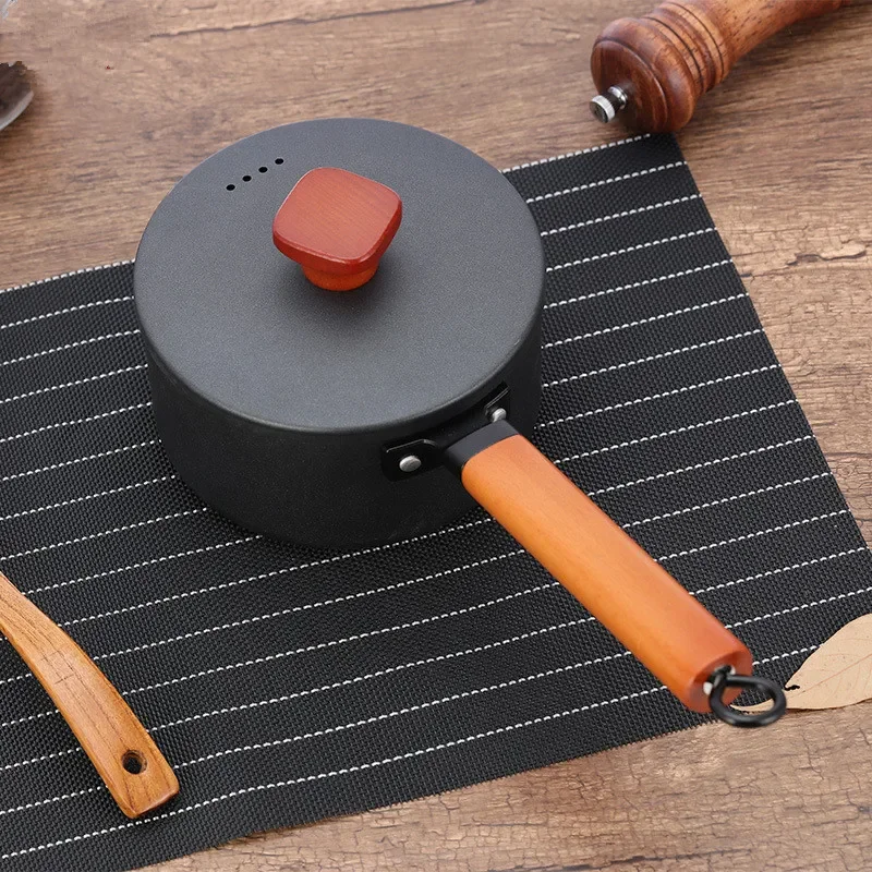 Cast Iron Milk Pan 16cm Non-Stick Sauce Pot With Wooden Handle Saucepan For Make Complementary Food Noodle Soup Kitchen Cookware