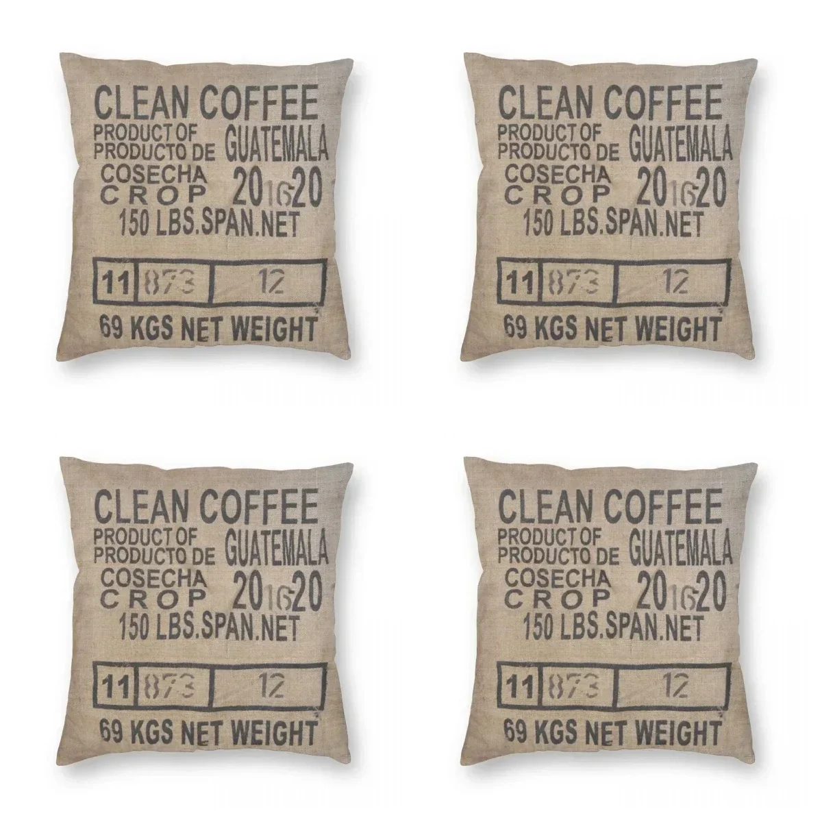 Guatemala Clean Burlap Jute Coffee Sack Pillowcase Polyester Zip Decor Throw Pillow Case Home Cushion Cover 45x45cm 18x18Inch