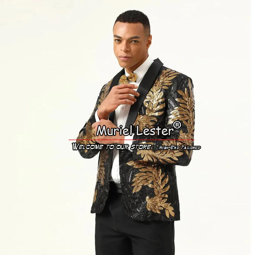 

Glitter Groom Tuxedo Gold Jacquard Sequins Wedding Suits For Men Fit Slim 2 Pieces Black Jacket Pants Man Prom Party Banquet Set