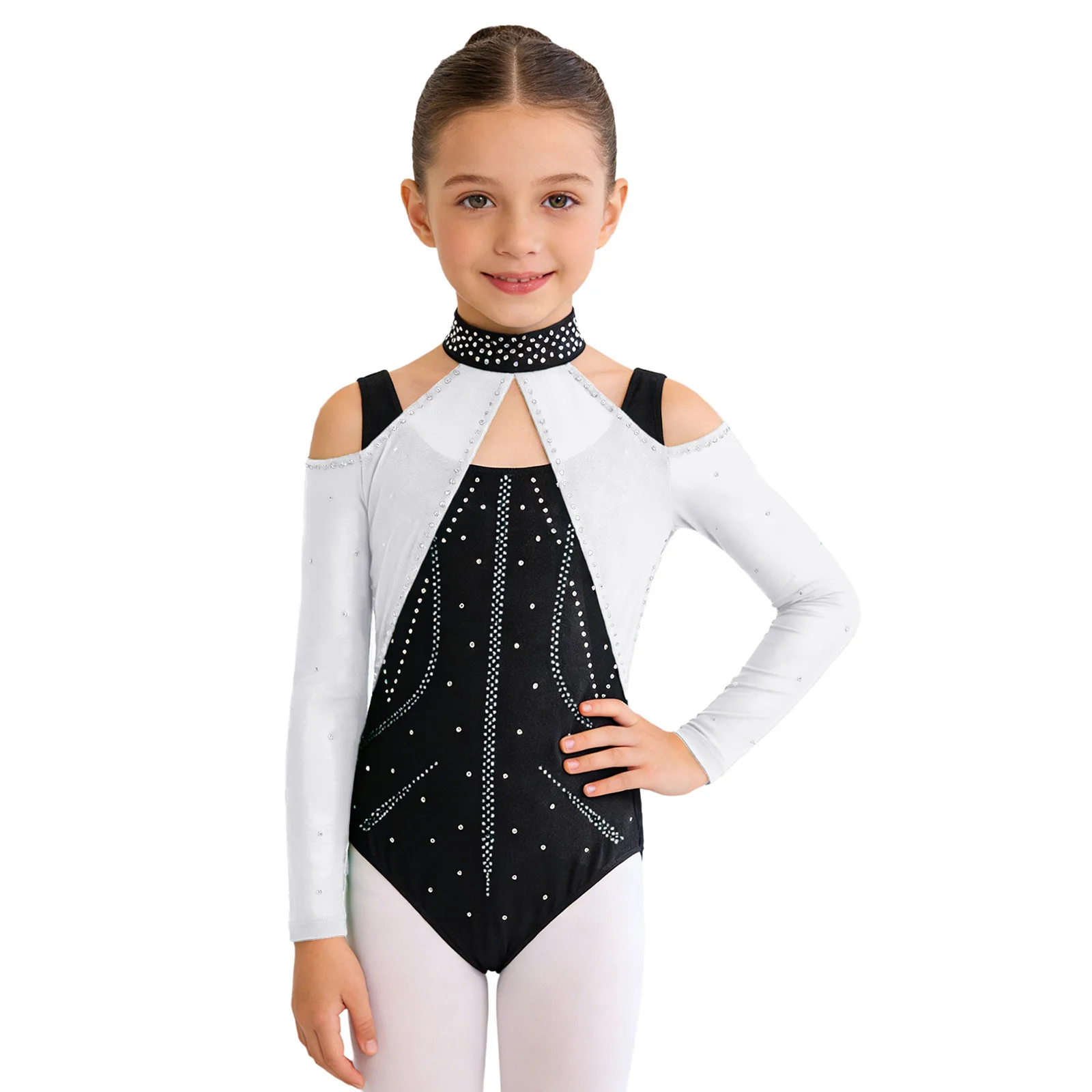 

Kids Girls Lyrical Sequins Ballet Dance Leotard Cutout Mesh Sparkling Rhinestones Ballet Gymnastics Stage Performance Bodysuits