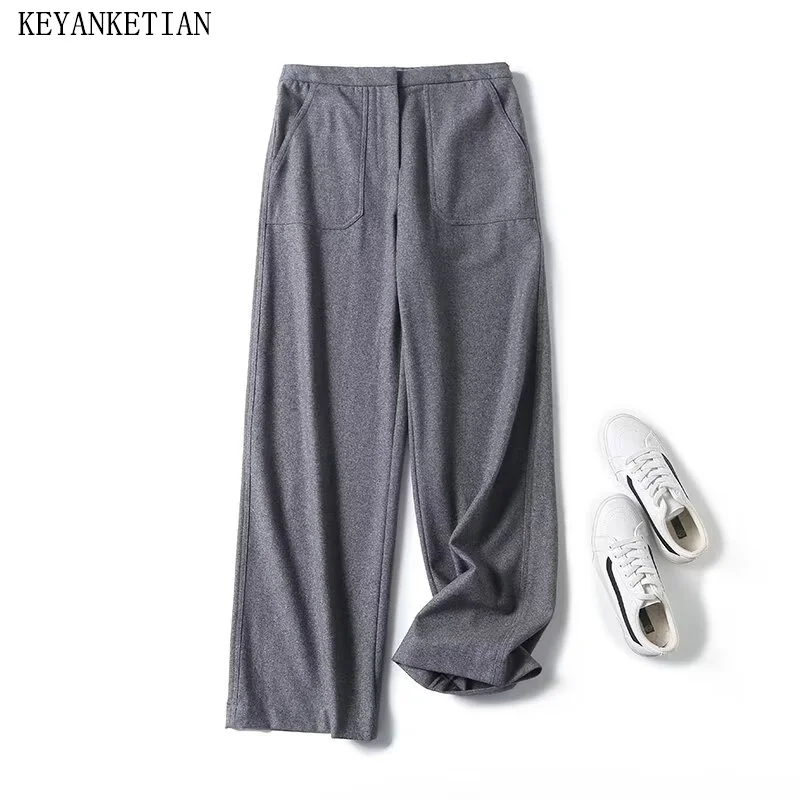 

KEYANKETIAN 2024 New Launch Women's Wool-Blend Gray Wide-Leg Pants Spring Simply Straight Ankle Length Pants Pocket Trousers