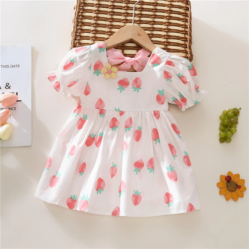 Girls\' dress summer children\'s clothing cute strawberry tie bow short sleeved Korean casual children\'s dress