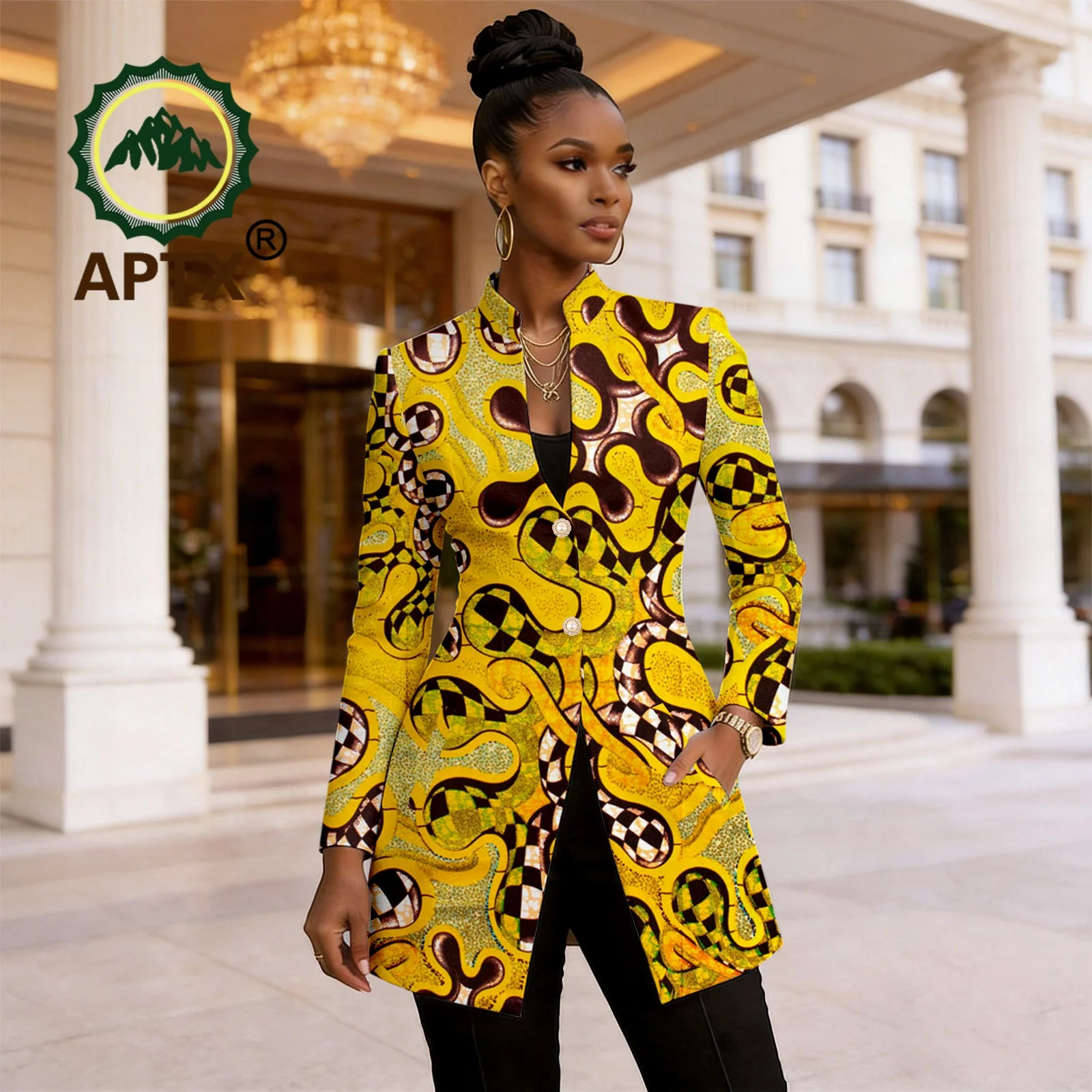 Women's African Ankara Print Long Blazer Coat Full Sleeve Stand Collar Lapel Casual Jacket with Button Dashiki