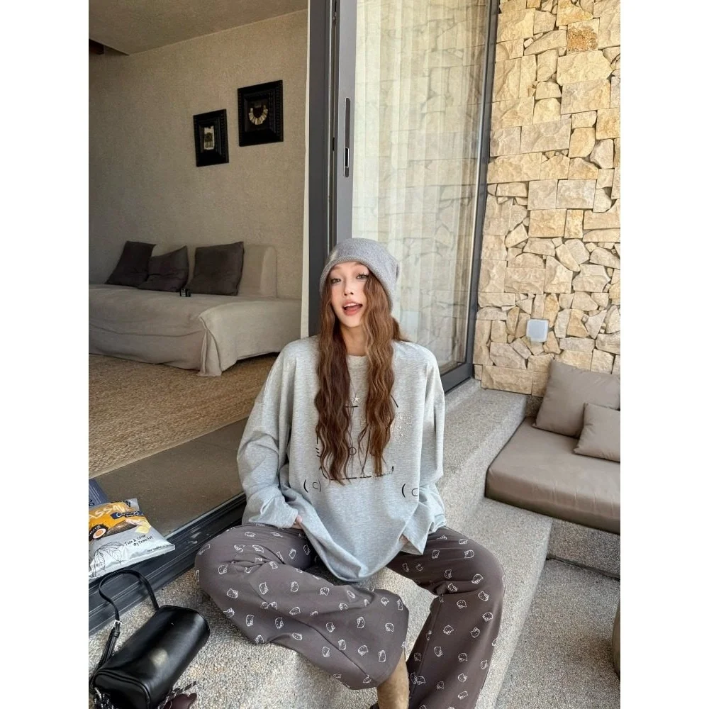 

High Waist Loose Fit Print Casual Pants Women's Autumn Winter Coffee Color Small Floral Patterned Loose Hanging Pants