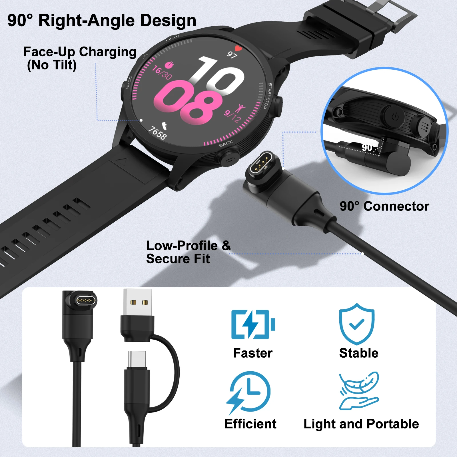 Cable cargador de reloj USB/Tipo C 2 en 1 para Garmin Fenix 8/E/7/7S/6/6X Venu2/Sq2/3/3S Instinct 3/2 Approach S70/S62/S42 Quatix 8/7/6