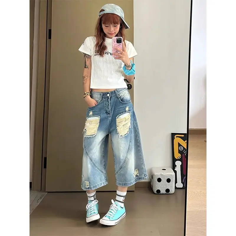 

American Ripped Wide-leg Seven-point Denim Women's Summer High Street Loose High-waisted Wide-leg Trousers