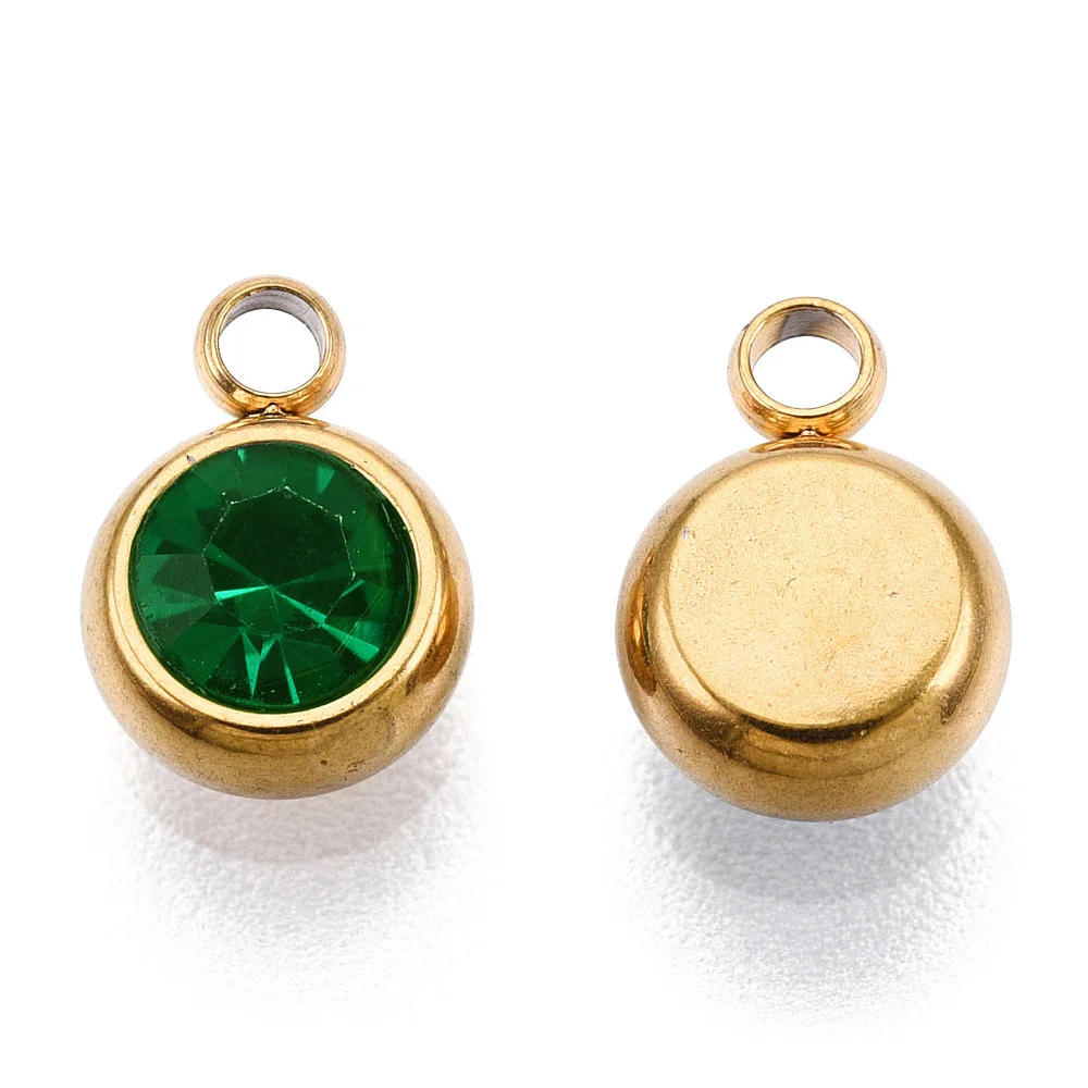 10 Pc Birthstone Pendant Charms PVD Vacuum Plating 201 Stainless Steel Rhinestone Charms Birthstone Charms Flat Round Rhinestone
