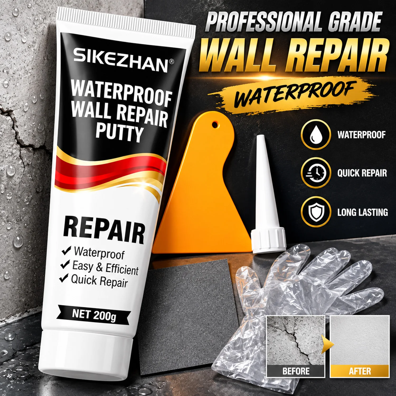Wall Repair Putty Kit: 200g Waterproof Spackle Paste with Scraper,Nozzle, Sandpaper,Gloves for  Home Crack Hole Fix DIY Tool