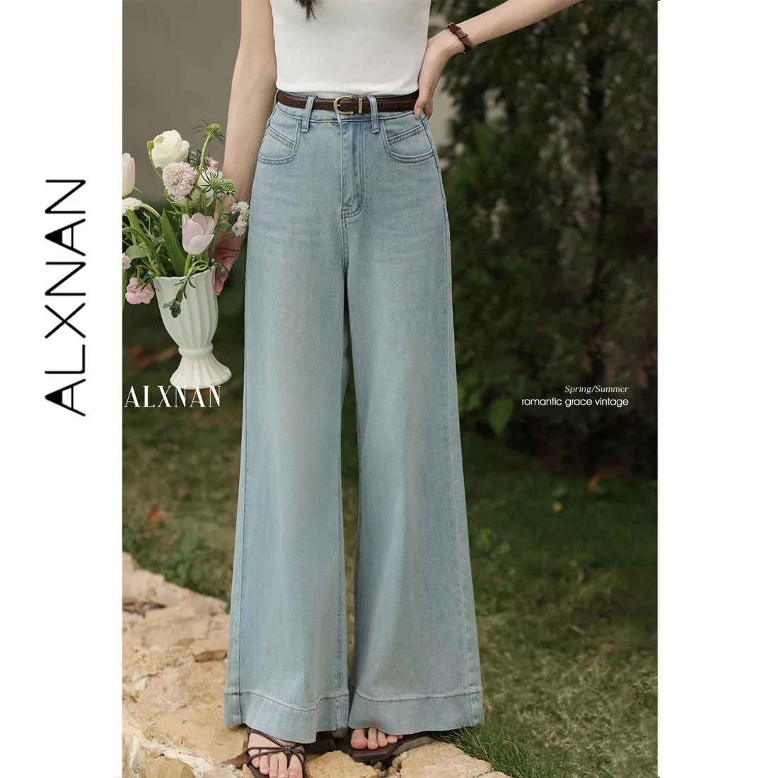 

ALXNAN Women Wide Leg Jeans Casual Light Wash Vintage Blue Denim Pants High Waist Loose Cuffed Hem Female Long Trousers L53880