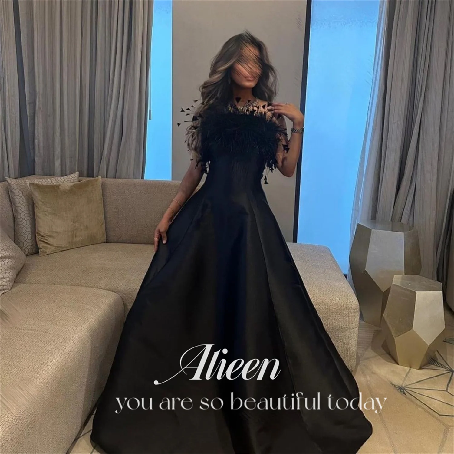 Black Satin Feather A-line Elegant Party Dress for Women customized Luxury Gala Dresses Woman Womens Long Wedding Evening Gown