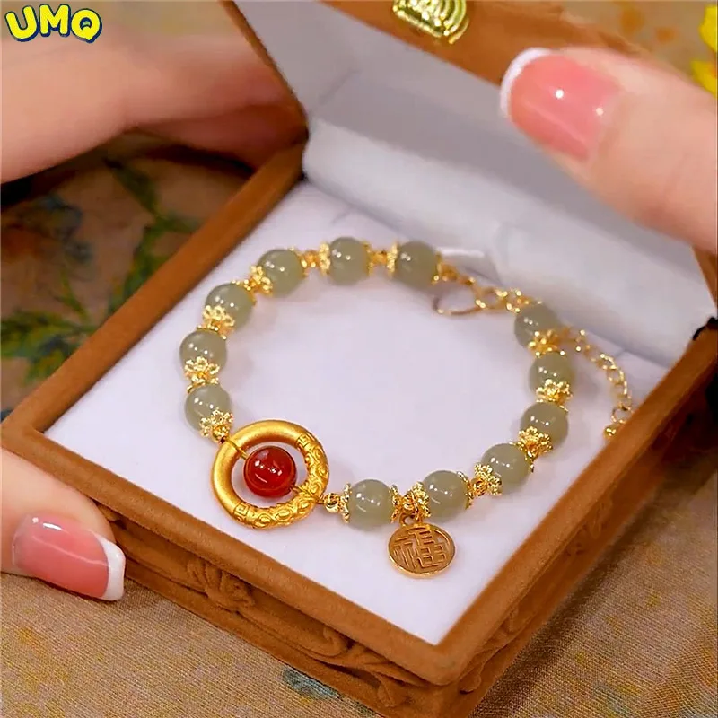 Pulsera de cuentas de transferencia verde perla roja mineral en bruto cinabrio, pulsera femenina de oro y arena, un círculo de regalo para el año