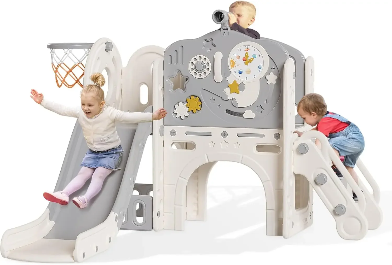 10 in 1 Toddler Slide, Astronaut Themed Baby Slide for Toddlers Aged 1-3, with Astronaut, Phone Call Design and Basketball Hoop,