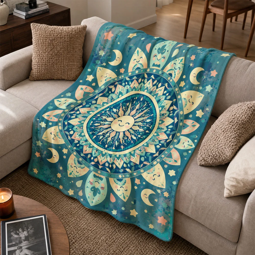 Boho Mandala Throw Blanket for Sofa Couch Boho Chic Celestial Moon Stars Decorative Knit Throw Fleece Home Decor Gift