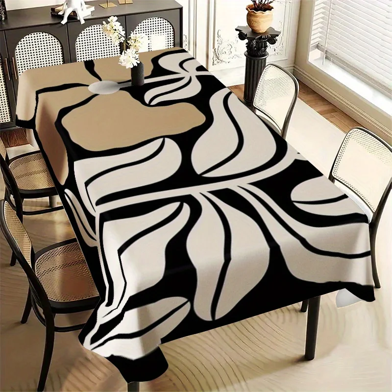 Abstract Bohemian style neutral gray-brown and beige floral rectangular tablecloth, polyester tablecloth