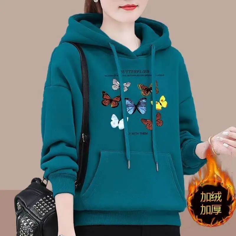 Women\'s Clothing Butterfly Printed Sweatshirts Casual Hooded Autumn Winter Thick Stylish Drawstring Pockets Korean Pullovers New