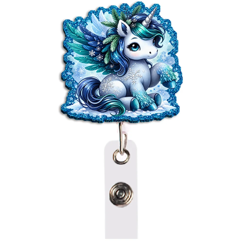 Magical Ice Pegasus Badge Reel Set Retractable Holder with Clip for Winter Party Cosplay Gift