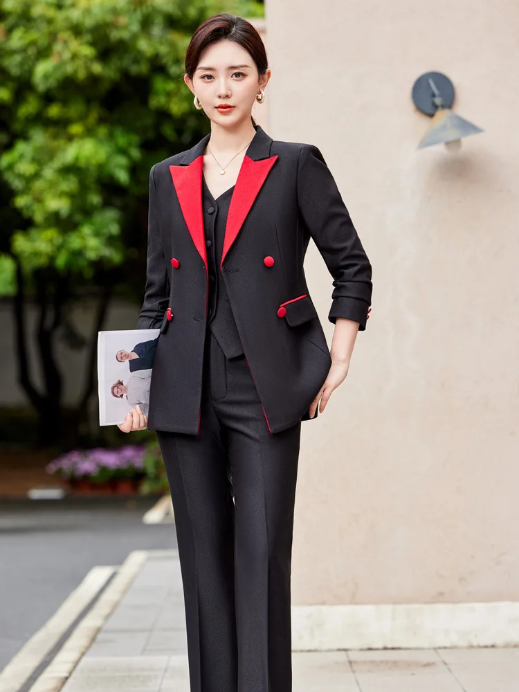 2024 elegante abito da donna rosso nero pantalone da ufficio donna donna abbigliamento da lavoro completo da 2 pezzi giacca e pantaloni Blazer