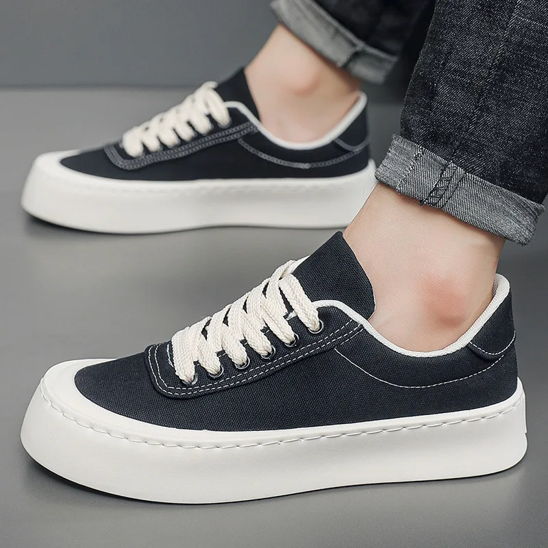 

Men's Canvas Shoes Thick Bottom Low Cut Breathable Casual Sneakers Black Sport Trendy Shoe Spring Autumn Round Toe Rubber Sole