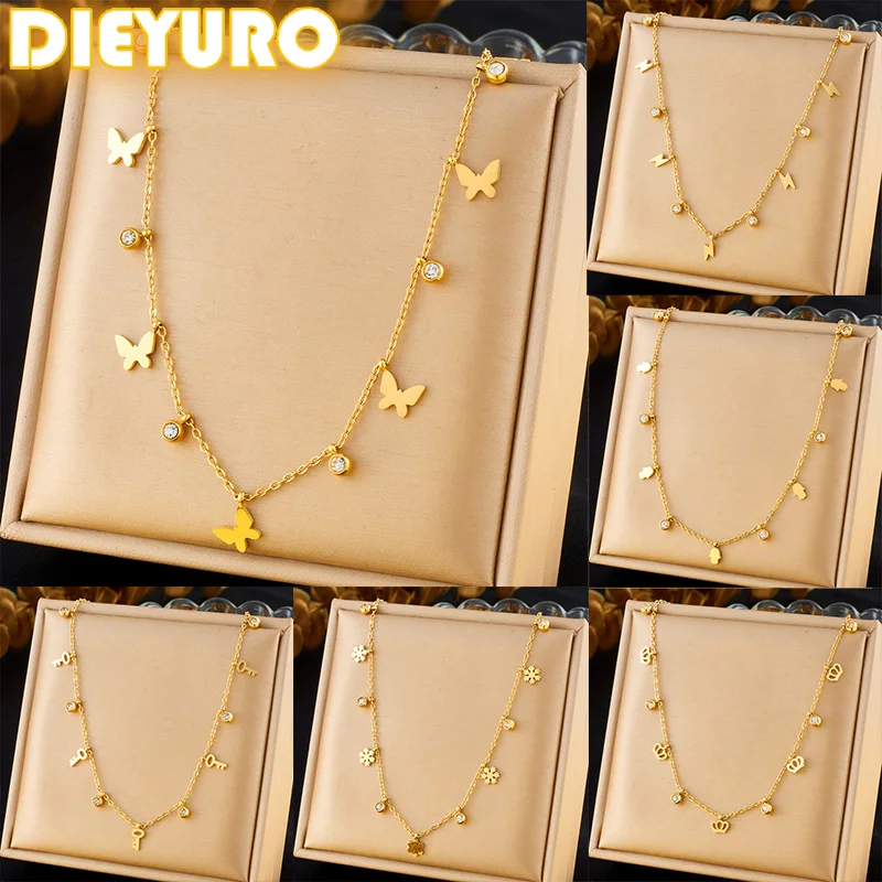 DIEYURO 316L Stainless Steel Golden Butterfly Flower Lightning Crown Zircon Necklace For Womens Trend Neck Jewelry Holiday Gift