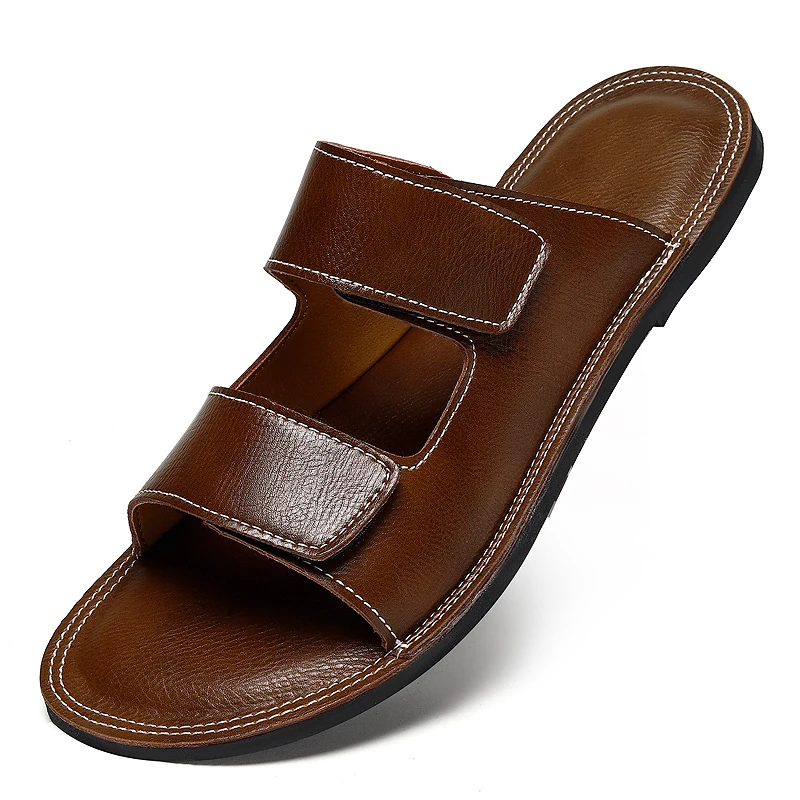 

Men Slippers Luxury Leather Slippers Non-Slip Beach Slippers Adjustable Magic Glue Design Slipper Large Size47 Sandalias Hombre