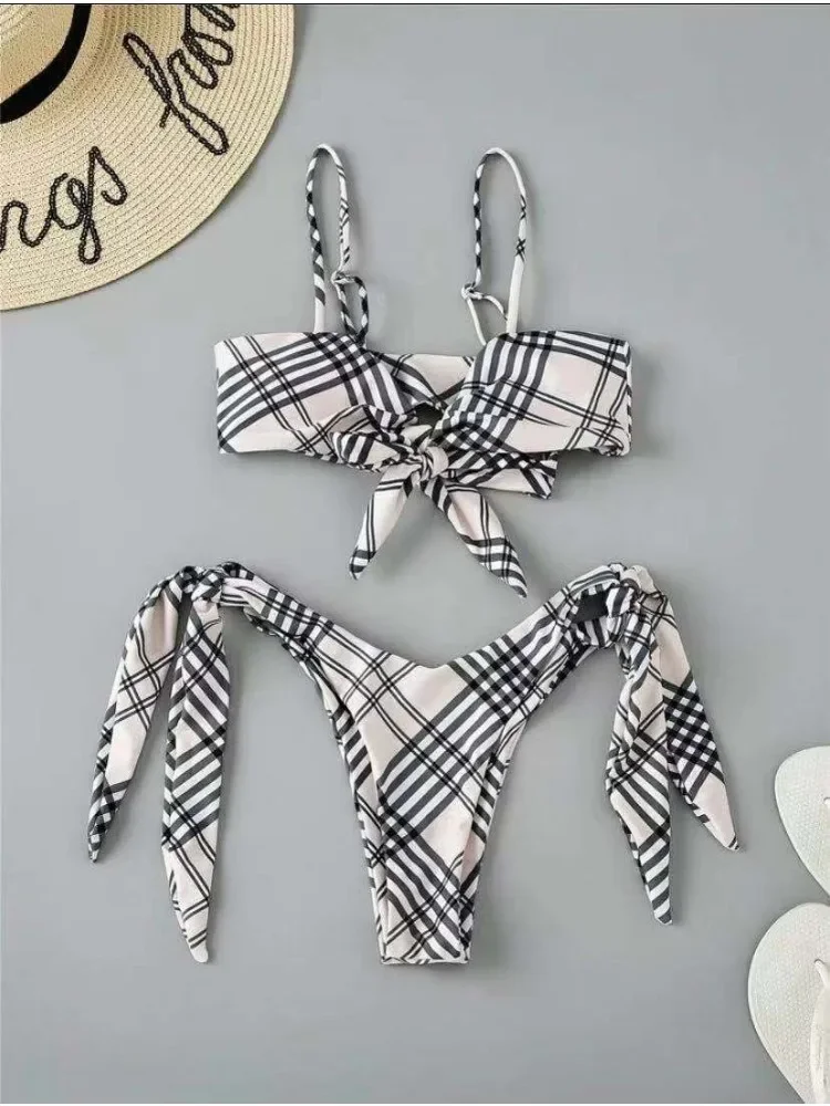 Vintage Plaid Print 2 Piece Swimsuit for Women Knot Lace-up Push Up Suspender Backless Bikini Set Beach Bathing Suit 2025 New