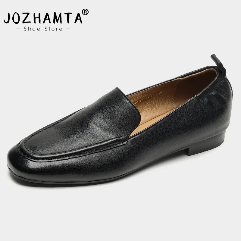 JOZHAMTA Women Casual Loafers Shoes Genuine Leather 2025 Spring Slip-On Low Heels Shoes Vintage Elastic Office Daily Size 34-40