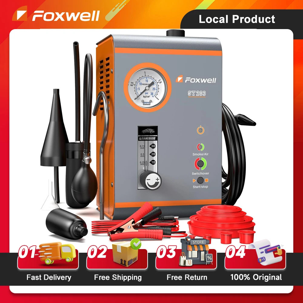 FOXWELL ST203 آلة الدخان كاشف تسرب السيارات مع المدمج في مضخة هواء الأنابيب تسرب محدد كاشف تسرب الغاز الضباب الدخاني